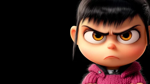 High-intensity 3D portrait of frowning child character.