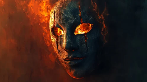 Burning metal mask with fiery eyes emerges from darkness