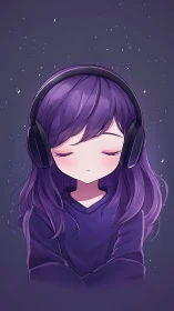 Purple haired girl with headphones in serene night calm.