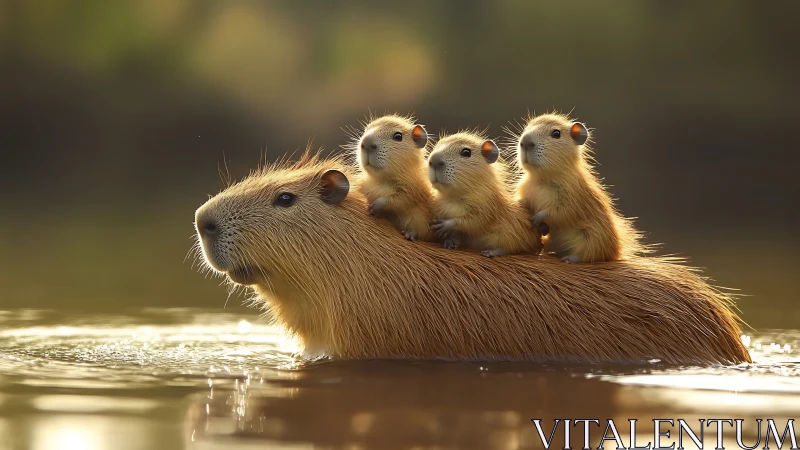 Capybara mother with three pups riding on back in warm water