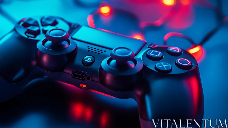 Gaming controller emerges from neon-lit cyberpunk environment.