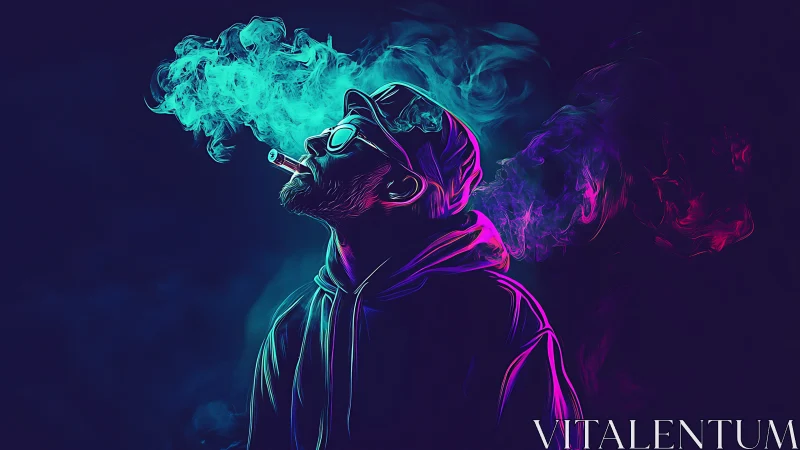 Neon outlined figure smoking against dark abstract background.