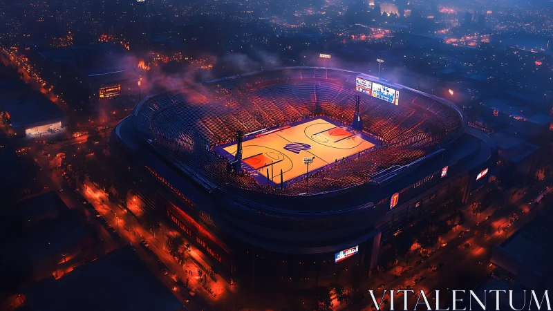 Night-lit basketball arena glows above a sprawling neon city