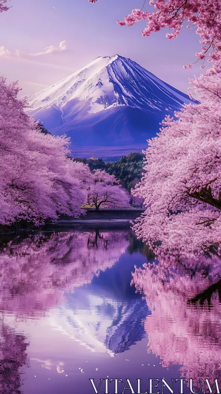 Mount Fuji mirrored amid luminous sakura shoreline bloom.