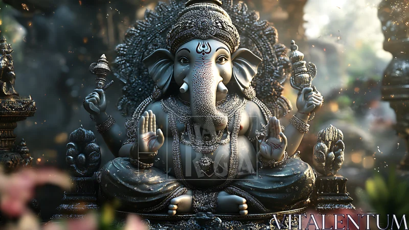 Gentle Ganesha statue glowing with soft morning devotion.