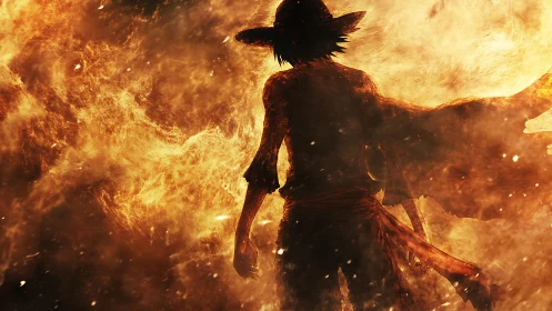 Lone wanderer wrapped in blazing, dreamlike wildfire glow.