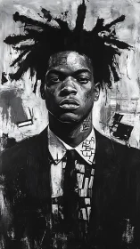 Monochrome suited portrait with expressive abstract brushwork
