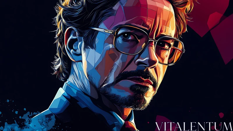 Bold geometric portrait glowing with moody neon light.