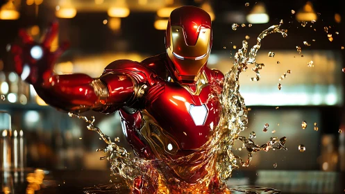 Metallic humanoid figure emerges through splashing liquid surface