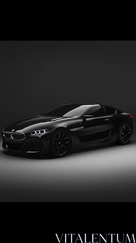 Black BMW coupe in studio setting under low key lighting.