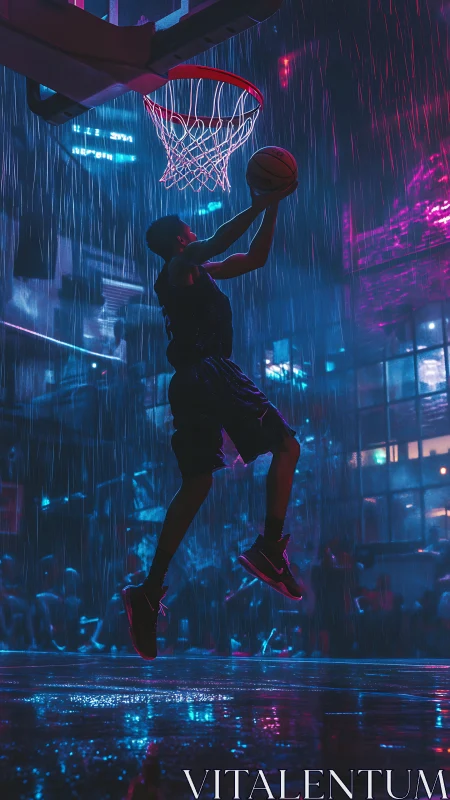 Cyberpunk street baller drives to hoop under neon rainfall