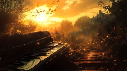 Abandoned piano glowing under fiery sunset on forest path.