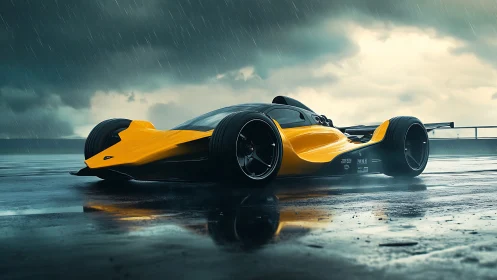 Futuristic yellow race car on wet track under storm clouds.
