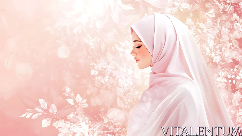 Elegant Woman in Hijab with Floral Pastel Background, Digital Art.