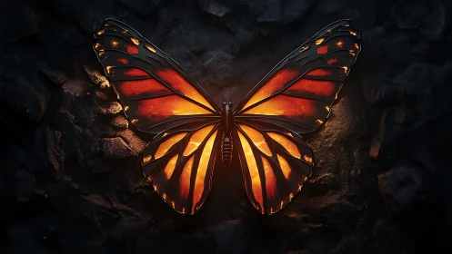 Glowing ember butterfly spreading warm light in the dark.