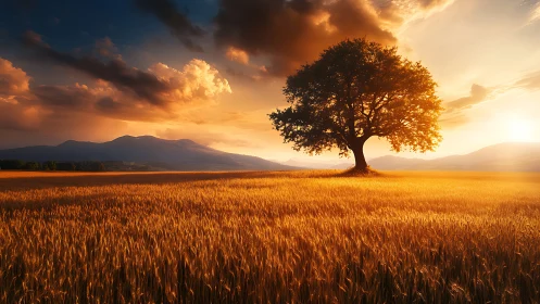 Solitary tree glows above golden wheat under burning sunset sky