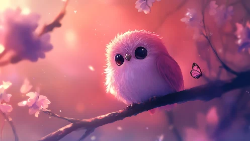 Adorable pink fluffy bird on blossom branch, dreamy fantasy art.