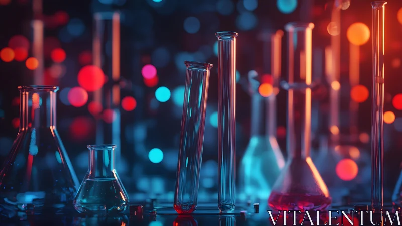 Colorful Chemistry Lab Glassware with Bokeh Lights, Modern Style.