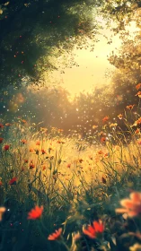 Sunlit wildflower glade with floating pollen motes.