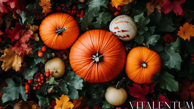 Autumn pumpkins arranged over colorful fallen leaves.