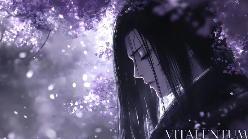 Softly lit anime figure finds quiet solace under blossoms