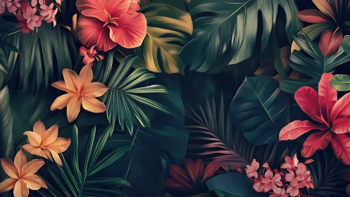 Tropical Botanical Composition with Vivid Blooms.