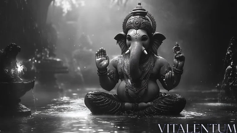 Elephant-headed deity sculpture seated in shallow reflective water.