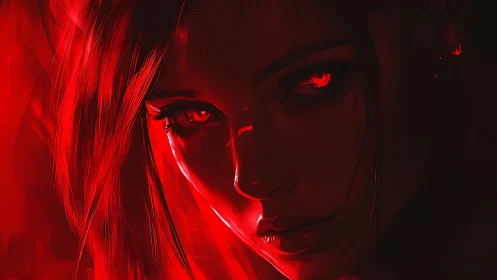 Red monochrome close portrait of woman with glowing eyes.