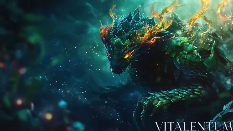 Bioluminescent draconic leviathan with flaming crest emerges.