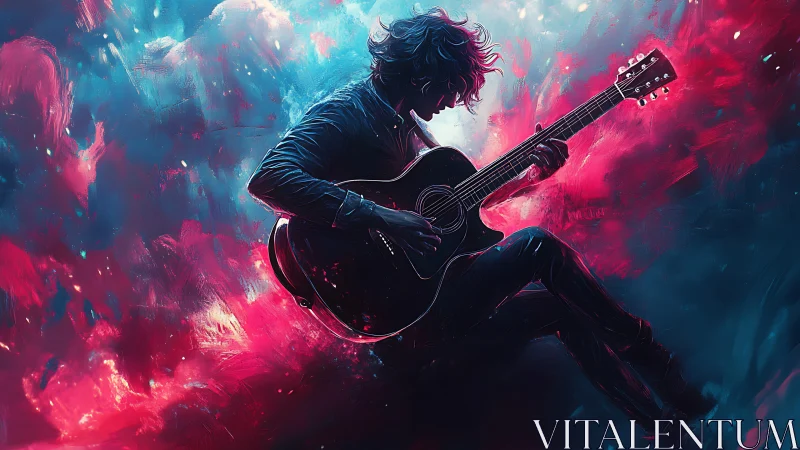 Guitarist in neon clouds with intense red and blue light.