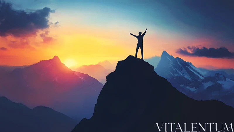 Silhouette on mountain summit against gradient sunset sky.