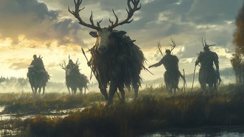 Antlered marsh riders advancing through misted wetland twilight.