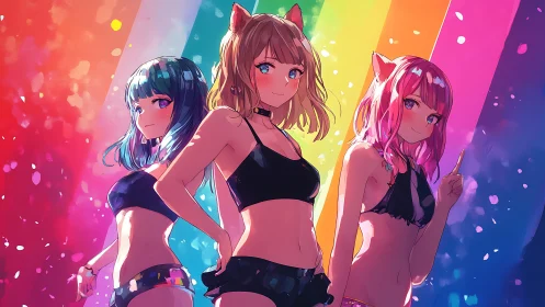 Triadic anime idols in black swimwear under spectral backlighting