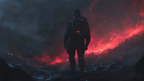 Solitary armored explorer overlooking volcanic lava fissure