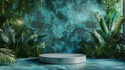 Cylindrical podium in tropical teal botanical stage design.
