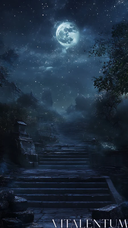 Moonlit stone stairway climbs into a quiet celestial hush