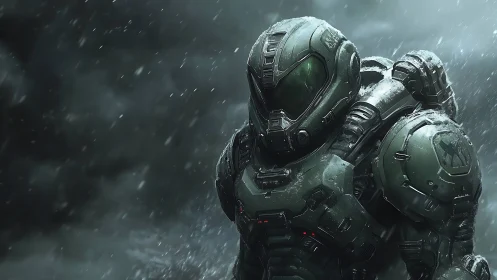 Armored space marine advancing through icy stormfront.