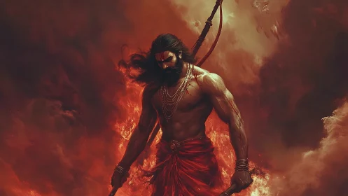 Warrior in crimson cloth walking through storming firelight.