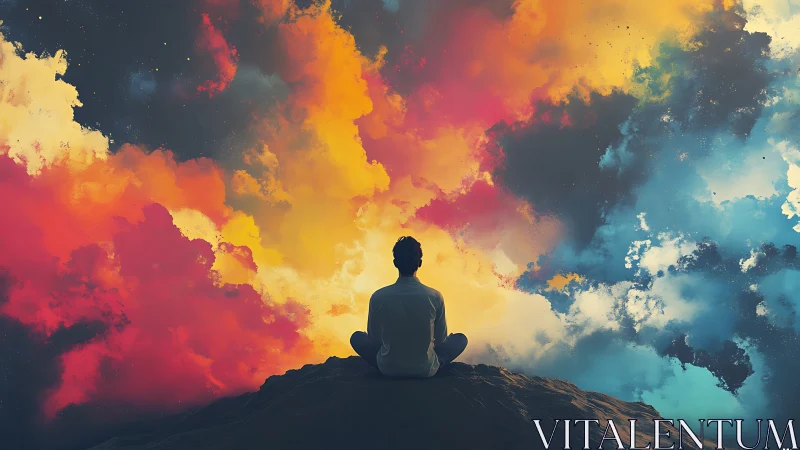 Solitary figure meditating before vibrant cosmic clouds