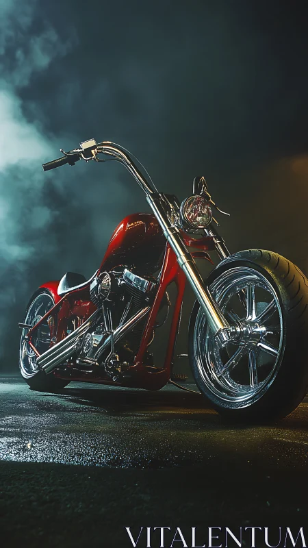 Custom red chopper motorcycle gleams under moody night lights