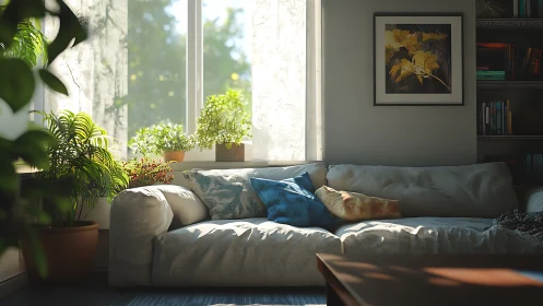 Sunlit living room invites quiet moments and gentle rest