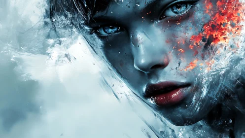 Digital portrait merging icy blue skin with fiery textures.
