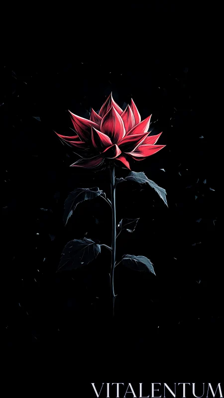 Red lotus bloom with dark foliage on black background.