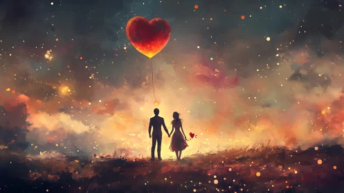 Silhouetted couple beneath luminous heart balloon in atmospheric bokeh landscape