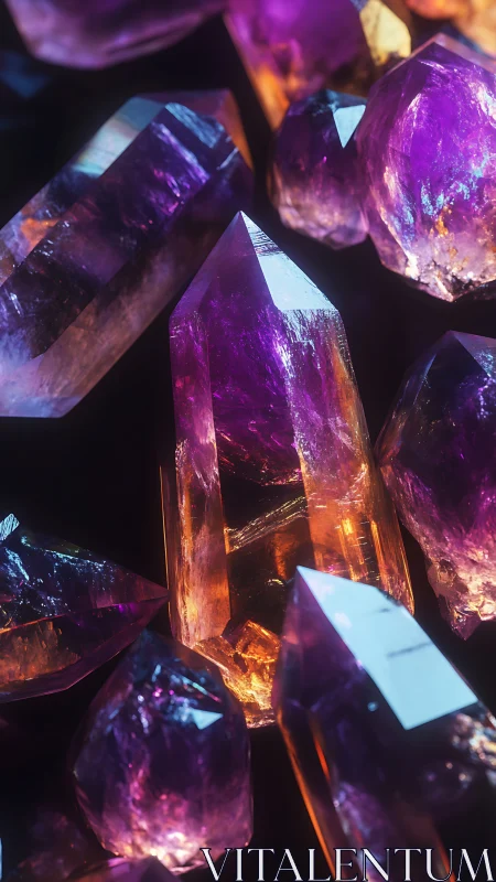 Macro study of bicolor amethyst quartz crystals, rim lighting