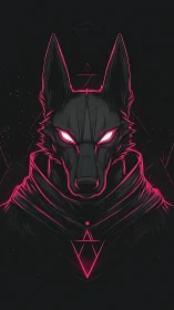 Neon jackal sentinel with glowing sigil and hooded cloak.