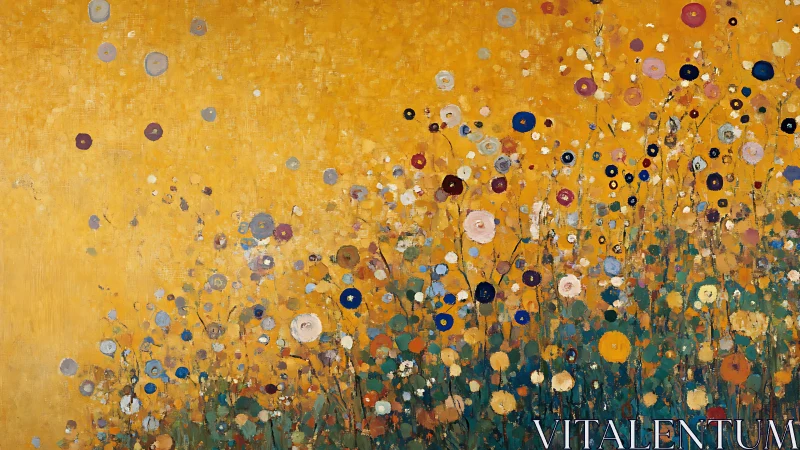 Golden abstract wildflower meadow shimmers in warm sunlight