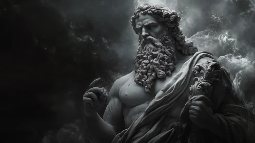 Stone bearded godlike figure stands amid swirling storm clouds