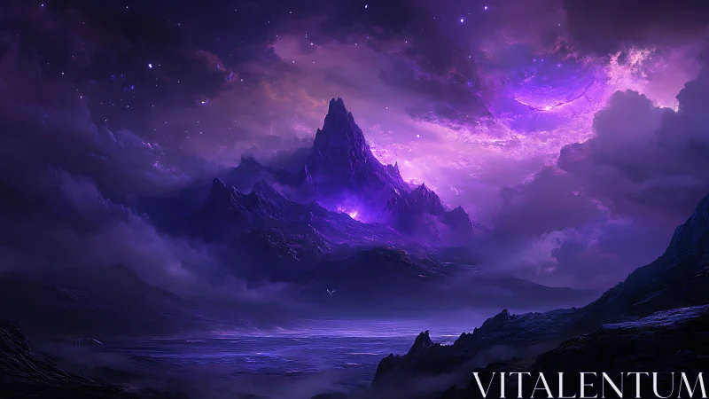 Mountainous landscape is illuminated by a violet celestial sky