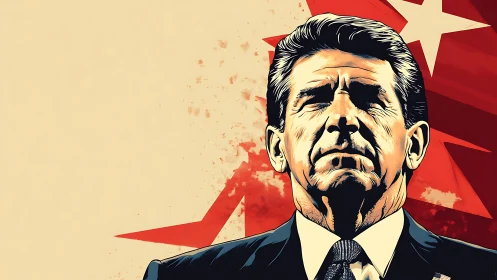 Resolute leader framed by stark red banners of power.